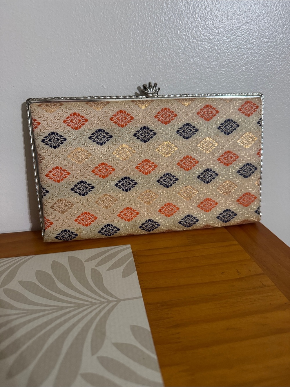 Elegant Japanese Cream Brocade Clutch with Orange and Navy Motif